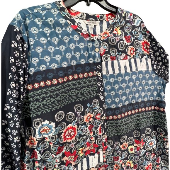 John Mark Womens Mixed Print Boxy Blouse Size XL Blue Red Patchwork Button Down - Picture 3 of 13